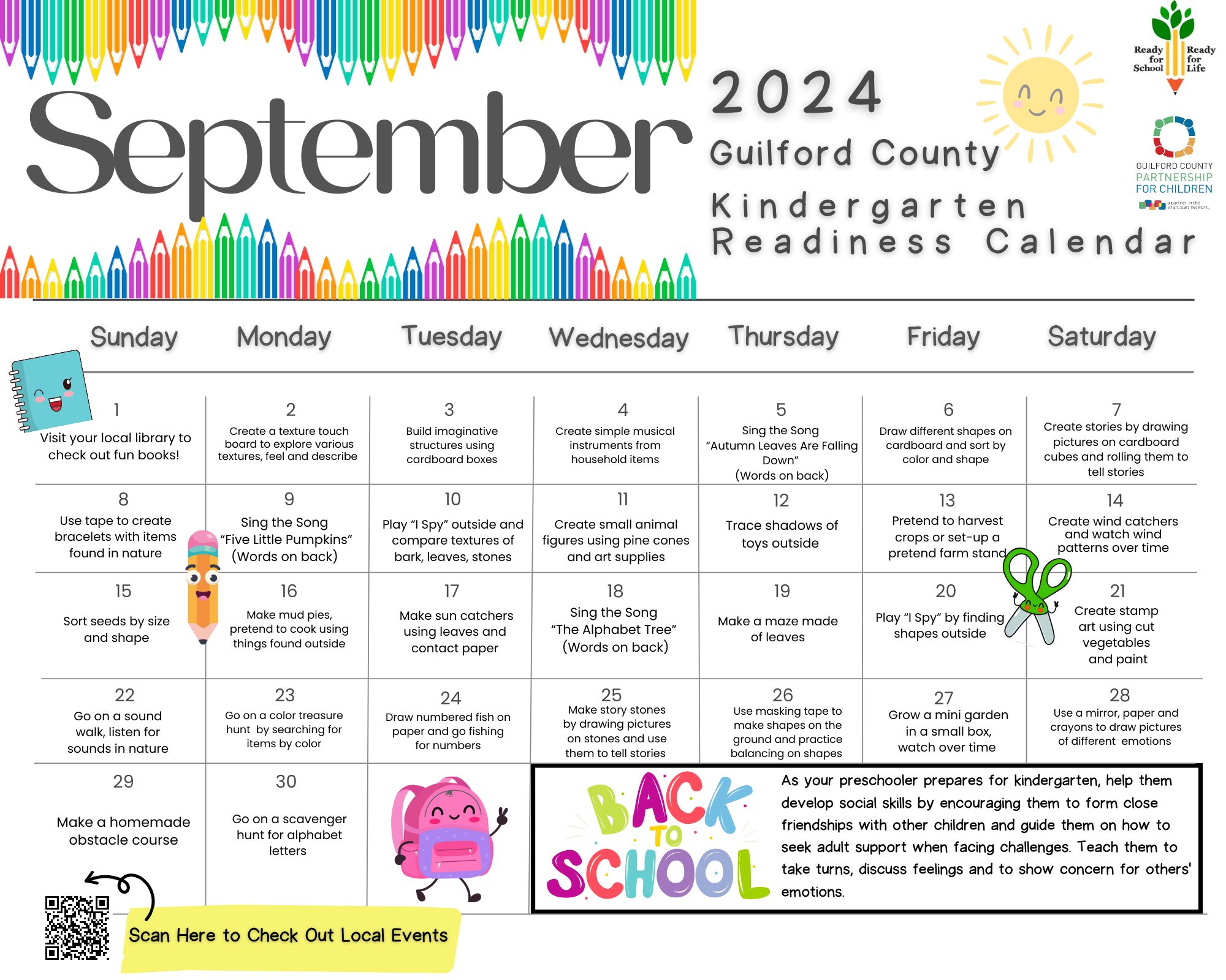 Kindergarten Readiness September Calendar